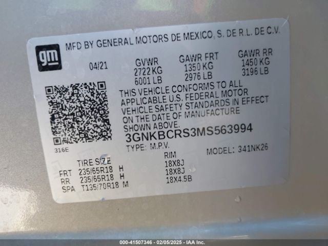 3GNKBCRS3MS563994 Chevrolet Blazer Fwd 2lt