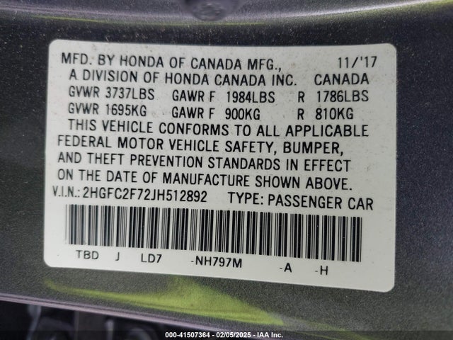 Honda CIVIC EX 2018 2HGFC2F72JH512892 Image 9