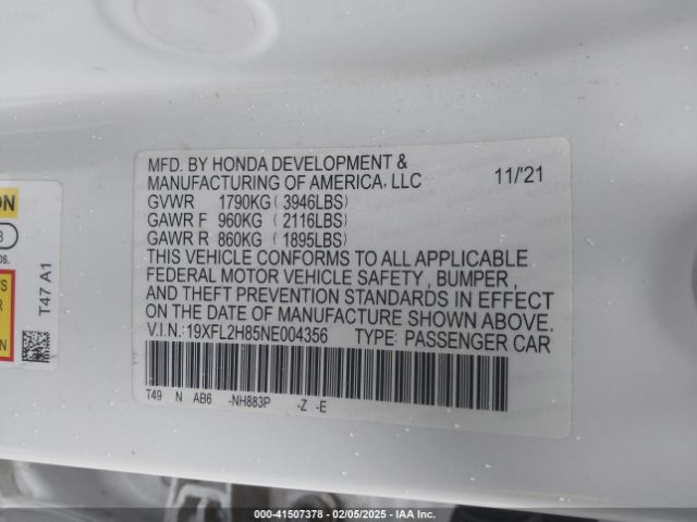 19XFL2H85NE004356 Honda Civic Sport