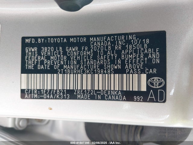 2T1BURHE3KC198485 Toyota COROLLA LE