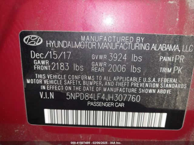 5NPD84LF4JH307760 Hyundai ELANTRA SEL