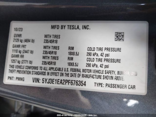 5YJ3E1EA2PF676354 Tesla Model 3 Rear-wheel Drive
