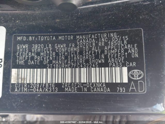 2T1BURHE7FC432245 Toyota Corolla L/le/le Pls/prm/s/s Pls