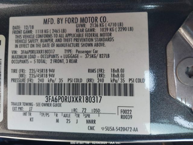 3FA6P0RUXKR180317 Ford Fusion Hybrid Titanium