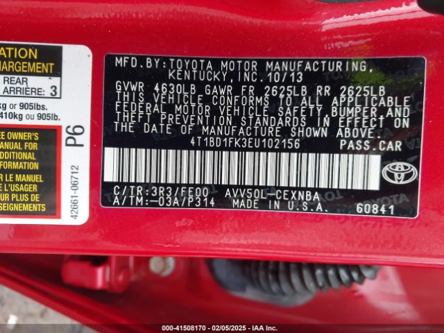4T1BD1FK3EU102156 Toyota Camry Hybrid Le