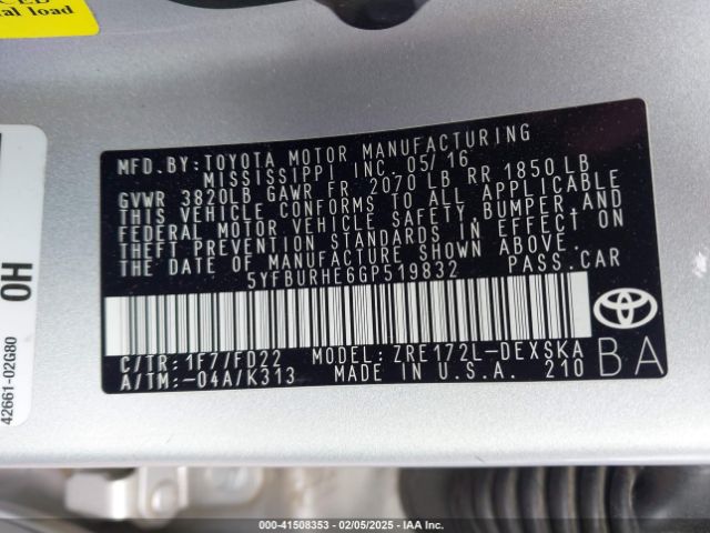 5YFBURHE6GP519832 Toyota Corolla S Plus