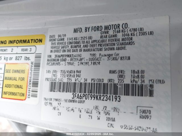 3FA6P0T99KR234193 Ford FUSION SE