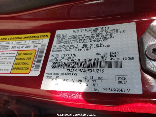 Ford FUSION SE 2016 3FA6P0H7XGR310213 Image 9