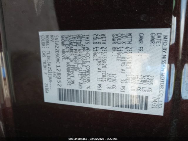 5N1AZ2DS0MC128952 Nissan Murano Platinum Intelligent Awd