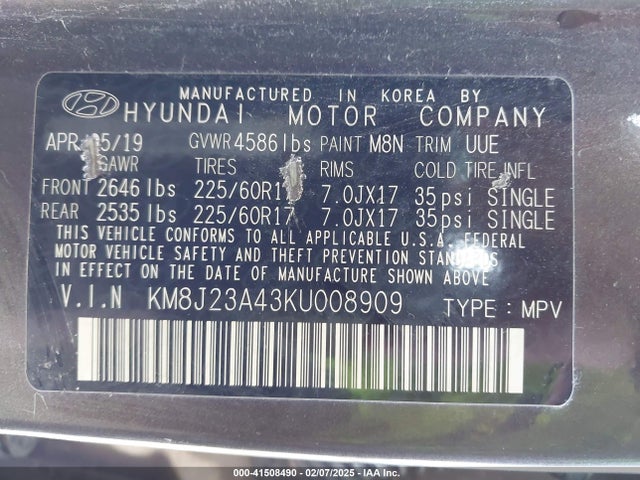 KM8J23A43KU008909 Hyundai TUCSON SE