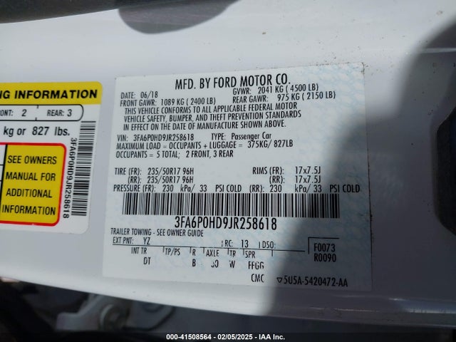 3FA6P0HD9JR258618 Ford FUSION SE