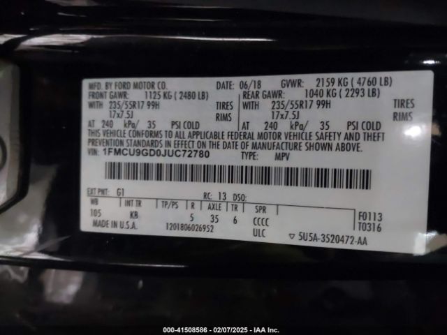 1FMCU9GD0JUC72780 Ford ESCAPE SE
