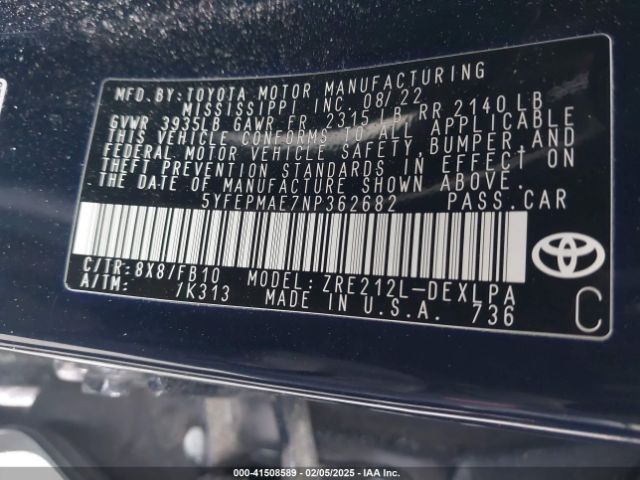 5YFEPMAE7NP362682 Toyota COROLLA LE