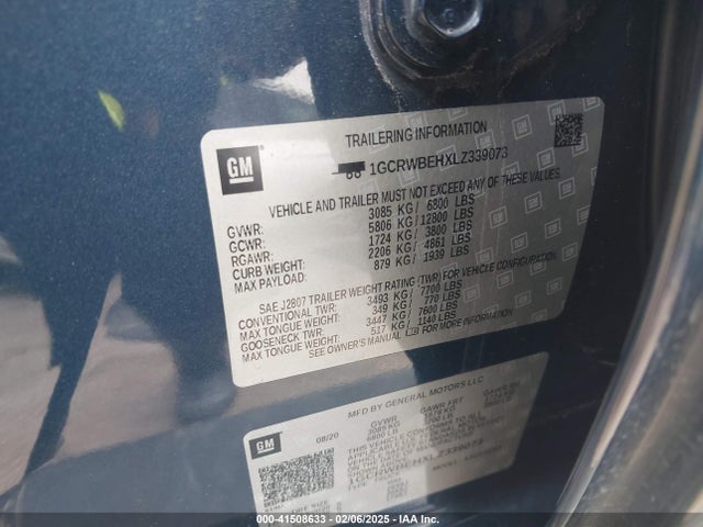 1GCRWBEHXLZ339073 Chevrolet Silverado 1500 2wd Double Cab Standard Bed Custom