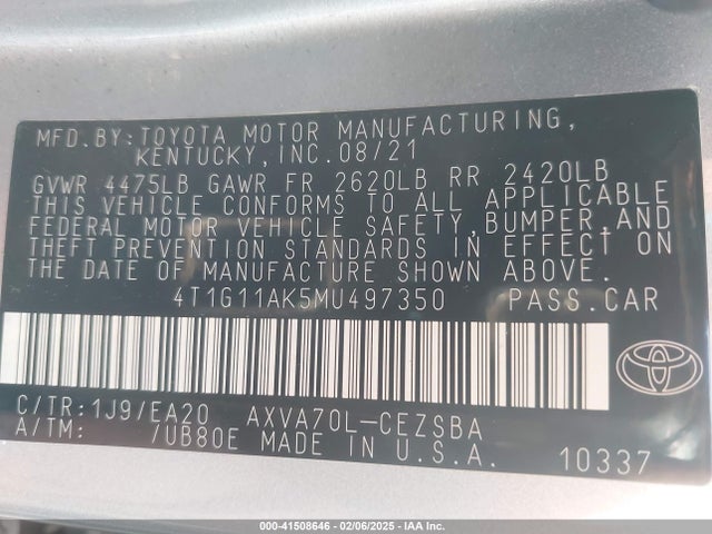 4T1G11AK5MU497350 Toyota CAMRY SE