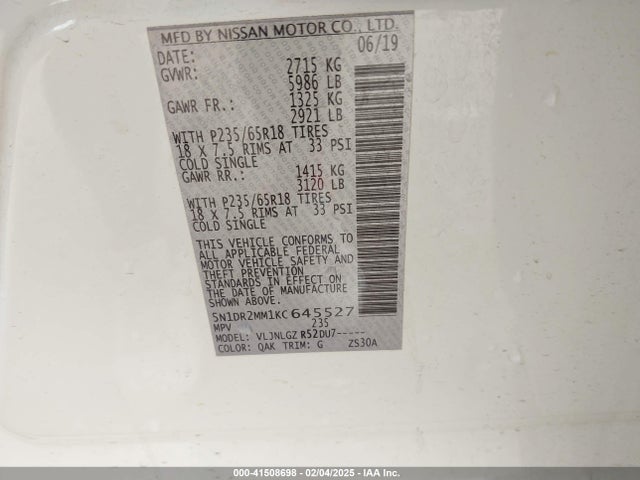 5N1DR2MM1KC645527 Nissan Pathfinder Sl