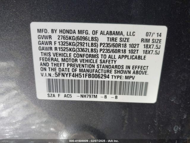 5FNYF4H51FB006294 Honda Pilot Ex-l