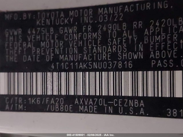 4T1C11AK5NU037816 Toyota CAMRY LE