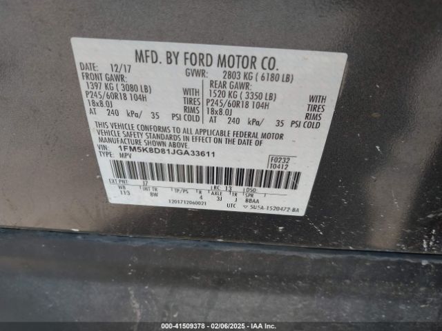 1FM5K8D81JGA33611 Ford EXPLORER XLT