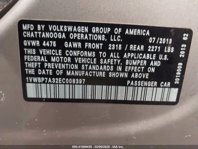 1VWBP7A32EC008397 Volkswagen Passat 2.5l Se