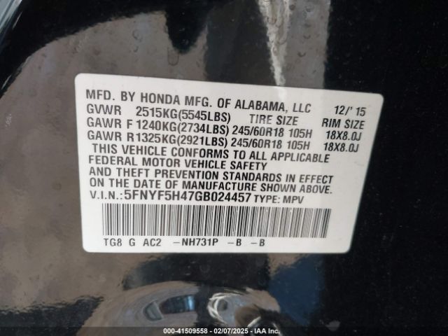 5FNYF5H47GB024457 Honda Pilot Ex