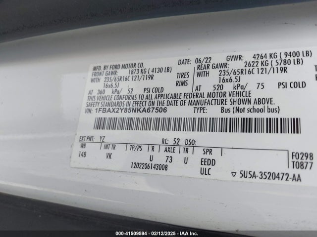 Ford Transit-350 Passenger Van Xl 2022 1FBAX2Y85NKA67506 Image 9