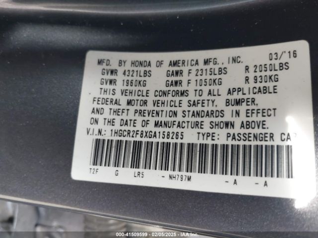 1HGCR2F8XGA158265 Honda Accord Ex-l