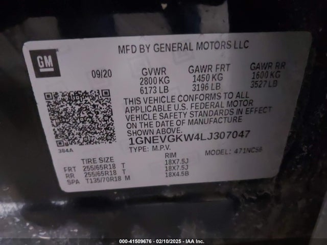 1GNEVGKW4LJ307047 Chevrolet Traverse Awd Lt Cloth