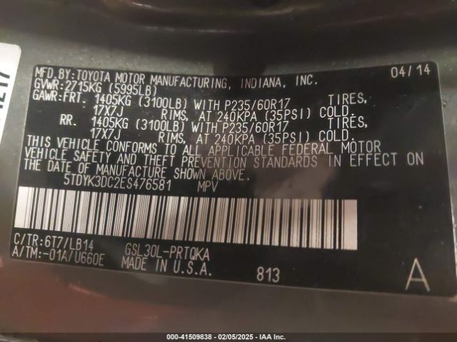 5TDYK3DC2ES476581 Toyota Sienna Xle V6 8 Passenger