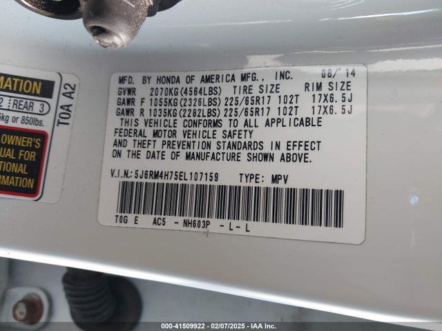 Honda Cr-v Ex-l 2014 5J6RM4H75EL107159 Image 9