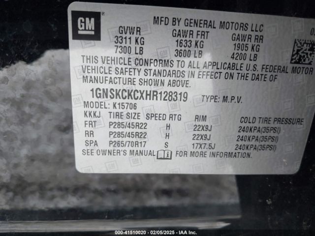 1GNSKCKCXHR128319 Chevrolet Tahoe Premier