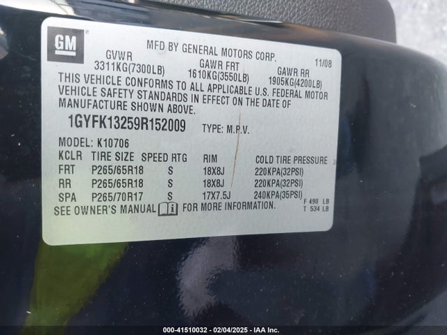 2009 CADILLAC ESCALADE 1GYFK13259R152009 Photo 8