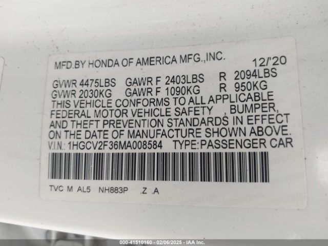 1HGCV2F36MA008584 Honda Accord Sport 2.0t