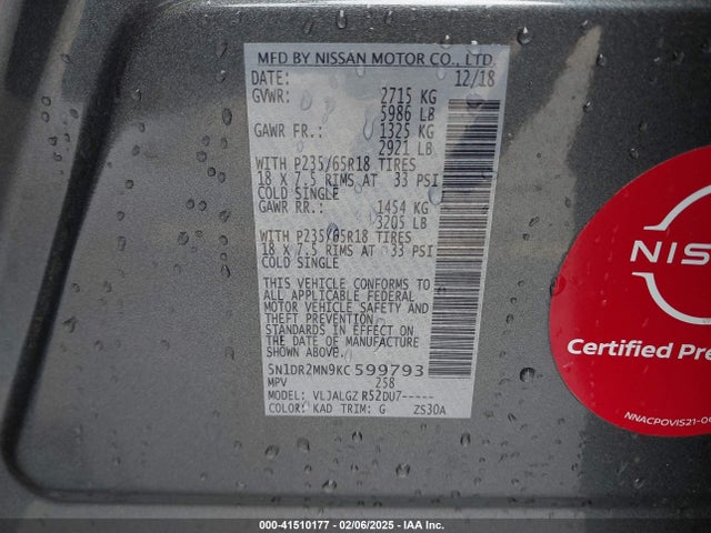 Nissan Pathfinder Sl 2019 5N1DR2MN9KC599793 Image 9