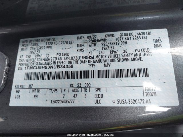 1FMCU9H93NUB34358 Ford ESCAPE SEL