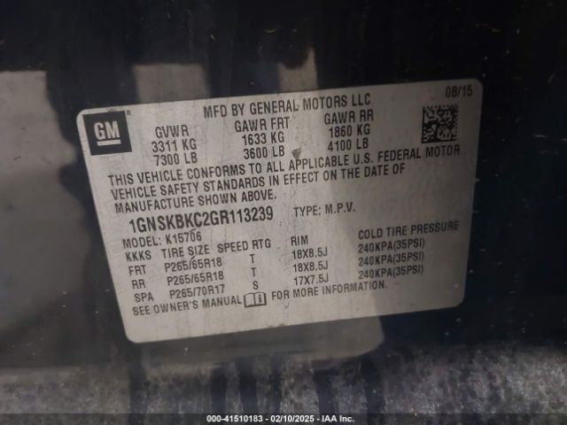 1GNSKBKC2GR113239 Chevrolet Tahoe Lt