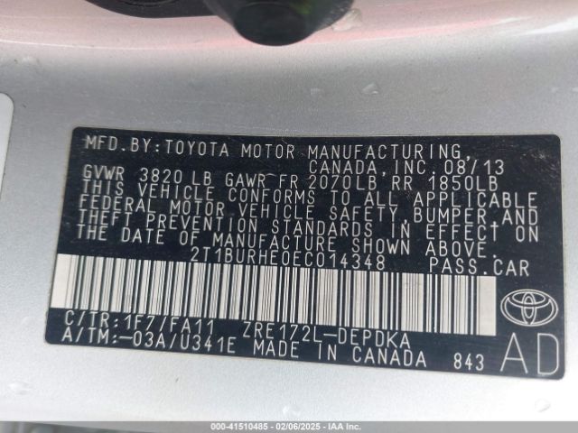 2T1BURHE0EC014348 Toyota COROLLA L
