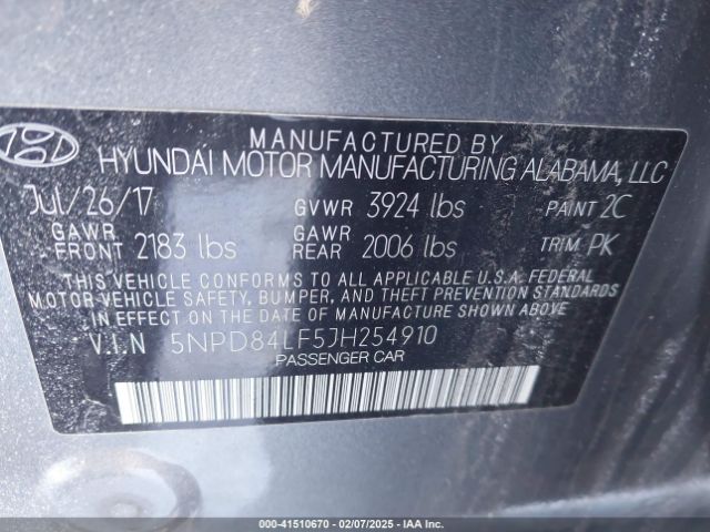 5NPD84LF5JH254910 Hyundai ELANTRA SEL