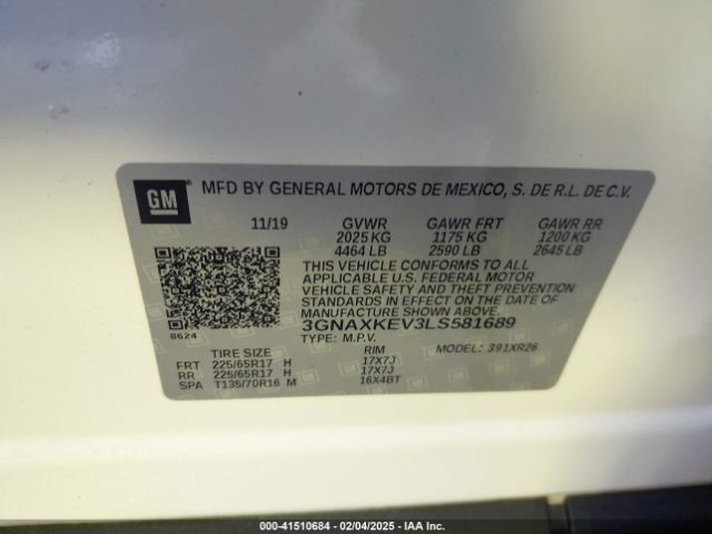 3GNAXKEV3LS581689 Chevrolet Equinox Fwd Lt 1.5l Turbo