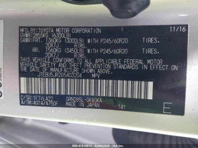 JTEBU5JR2G5403204 Toyota 4runner Limited
