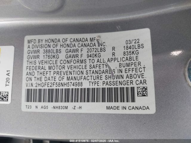2HGFE2F58NH574988 Honda Civic Sport