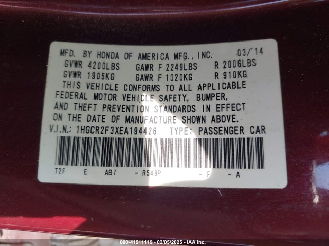 Honda ACCORD LX 2014 1HGCR2F3XEA194426 Image 9
