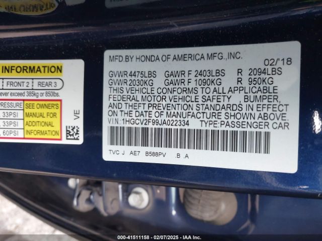 1HGCV2F99JA022334 Honda Accord Touring 2.0t