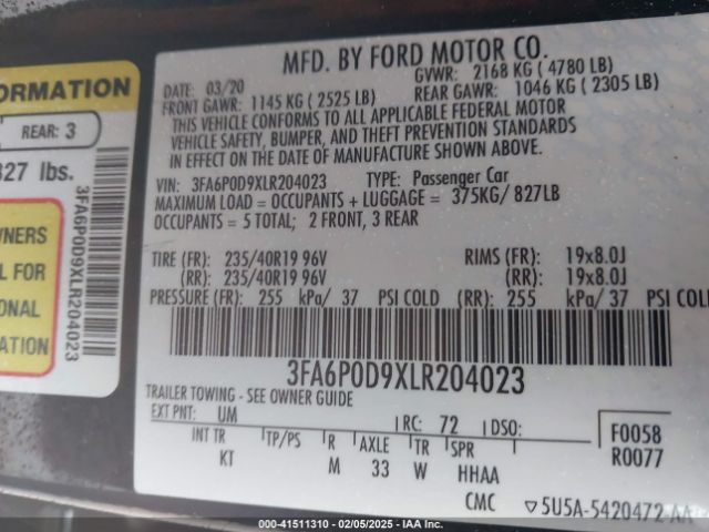 3FA6P0D9XLR204023 Ford Fusion Titanium