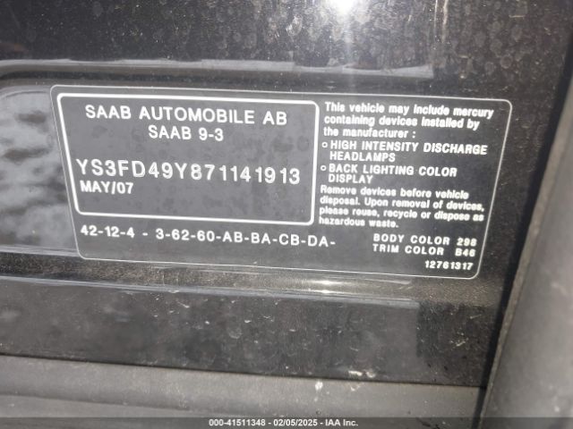 2007 SAAB 9-3 YS3FD49Y871141913 Photo 8