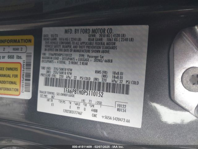 1FA6P8TH0P5110152 Ford Mustang Ecoboost Premium Fastback