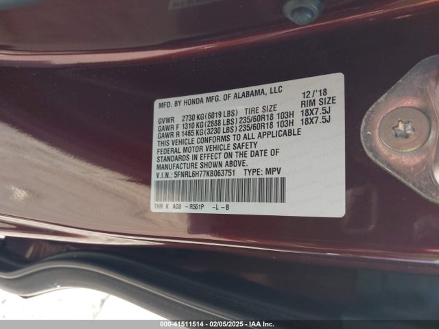 5FNRL6H77KB063751 Honda Odyssey Ex-l