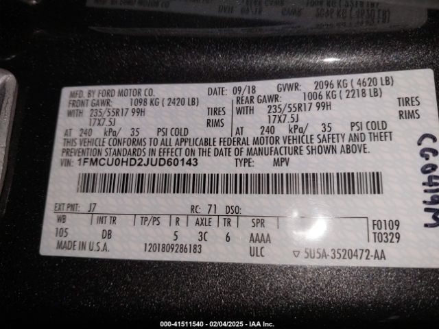 1FMCU0HD2JUD60143 Ford ESCAPE SEL