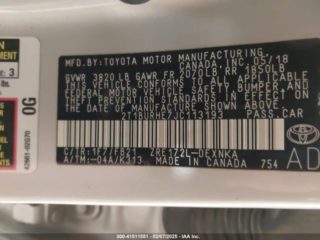 2T1BURHE7JC113193 Toyota COROLLA LE