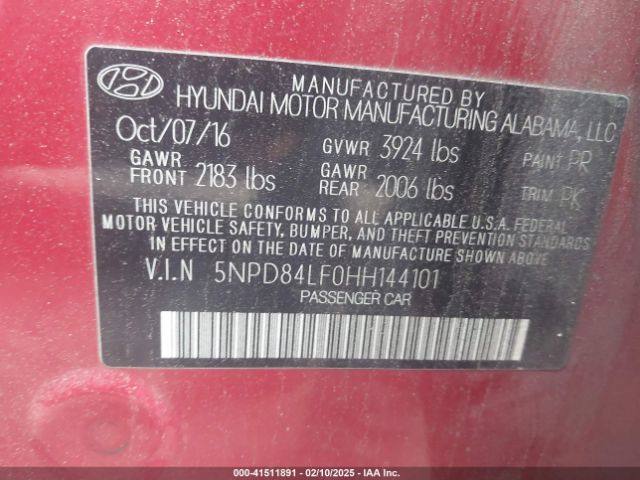 5NPD84LF0HH144101 Hyundai ELANTRA SE